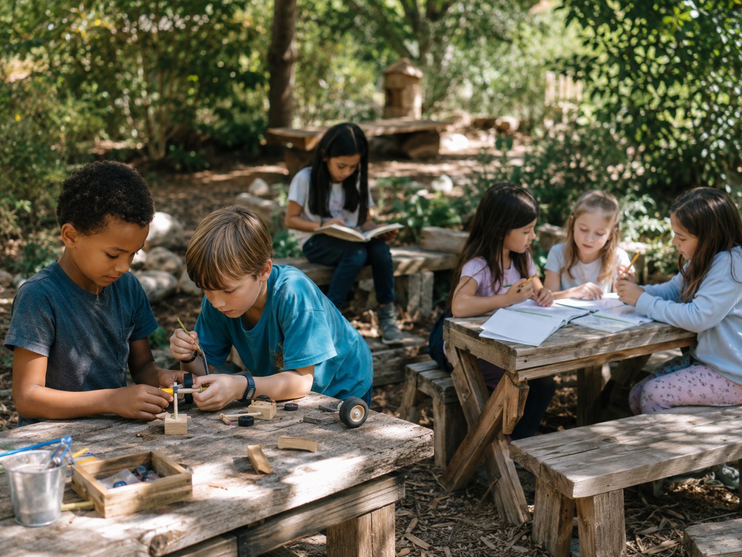 Learners building and reading together at outdoor work tables